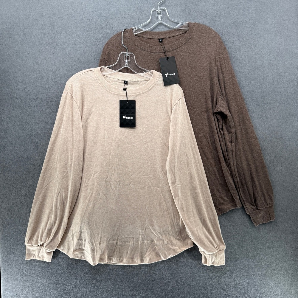 Ficerd T-Shirt 2-Pack Womens Long Sleeve Crewneck  Brown Beige XL New with Tags